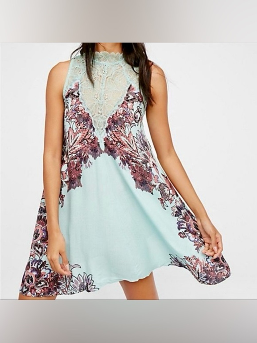 Free People Marsha Boho Slip Swing Dress Mint Floral Lace XS